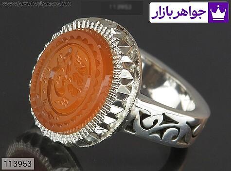 انگشتر نقره عقیق یمنی نارنجی خاک تربت کربلا مردانه دست ساز [یا حسین] - 113953